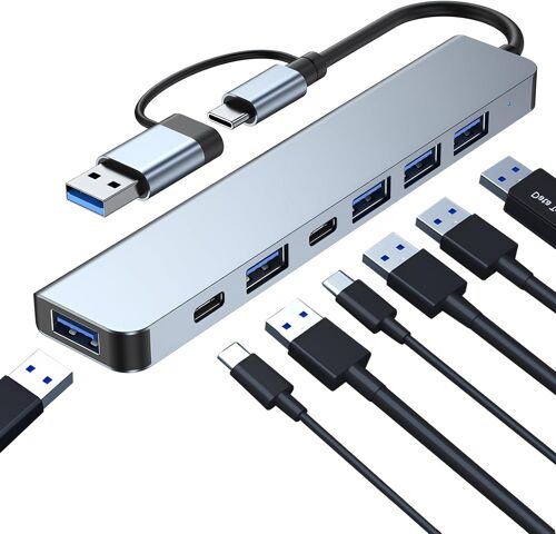 KALANKA-Hub USB 7 en 1, Adaptateur Multiport 3.0 avec USB 3.0 USB 2.0 Type C PD5W pour PC Ordinateurs Portables Consoles de Jeux et Appareils Type-C