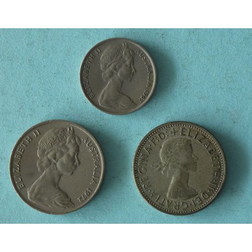 Lot De 3 Pièces De Monnaie D'Australie. 10 Cents 1967, 20 Centesimi 1972 Et 1 Florin 1960.