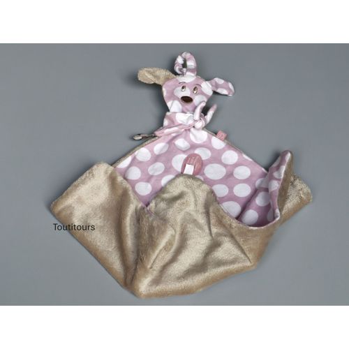 Doudou chien plat mauve pois blancs beige Dimpel