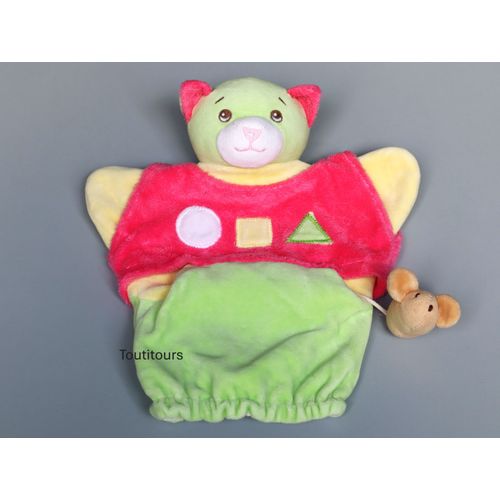 Doudou chat marionnette rose vert jaune Nounours