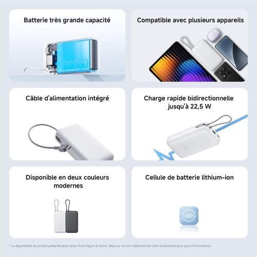 KALANKA-Xiaomi 22.5W Power Bank 20000mAh (Câble intégré) Gris foncé