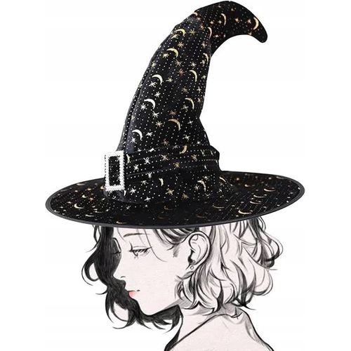 Chapeau De Sorcière Élégant En Noir Avec Détails Dorés Pour Halloween, Relisez!