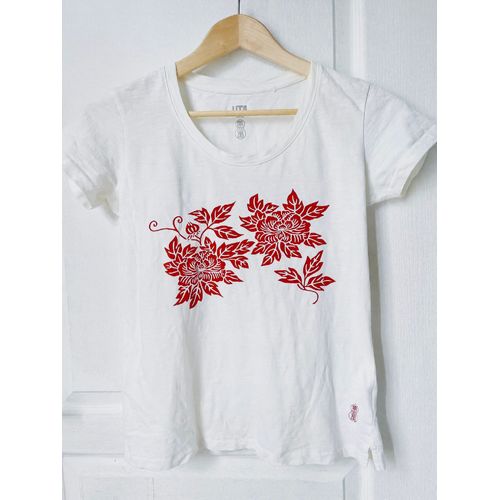 Uniqlo T-Shirt Blanc Motif Floral Chinois, Taille S, Très Bon État 100%Coton