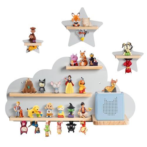 Todeco Étagère Magnétique, Pour Tonie Box Et Tonies, Jusqu'à 20-25 Tonies, Murale Étagère Pour Boîte À Musique Pour Enfant, Nuage Gris Et Étoile