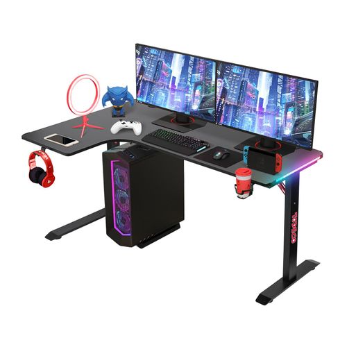 Todeco Bureau D'angle, Bureau En L Bureau Gaming Led 140 X 100cm, Grande Bureau Gamer Avec Porte-Gobelet Et Crochet Pour Casque