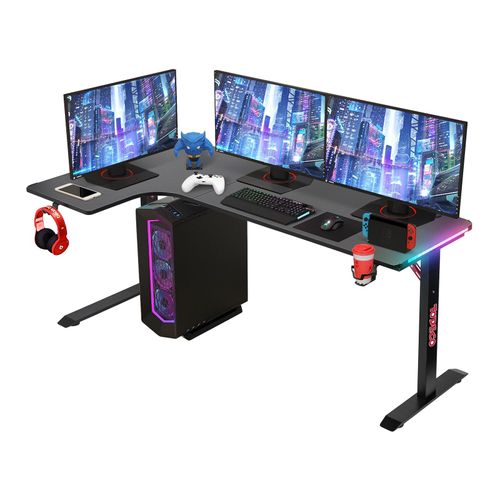 Todeco Bureau D'angle, Bureau En L Bureau Gaming Led 160 X 100cm, Grande Bureau Gamer Avec Porte-Gobelet Et Crochet Pour Casque