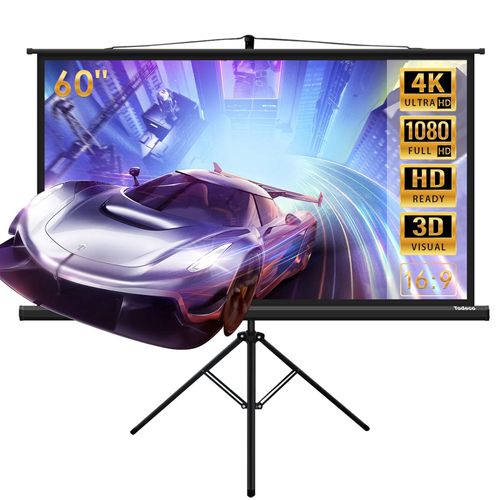 Todeco Écran de Projection sur Pied 60 Pouces, Portable Pliable, Écran pour projecteur avec trépied, 130 x 75 cm, Formats 16:9, HD 4K 3D, Noir