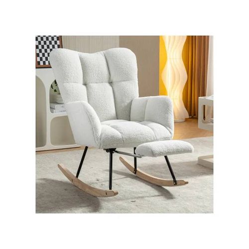 Nouveau Fauteuil À Bascule Rembourré En Tissu Teddy Avec Repose-Pieds De Rangement, Blanc