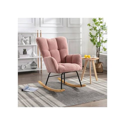 Fauteuil À Bascule Moderne Mid Century En Tissu Peluche Avec Revêtement Tufté,Assise Rembourrée Pour Salon Et Chambre À Coucher,Rose