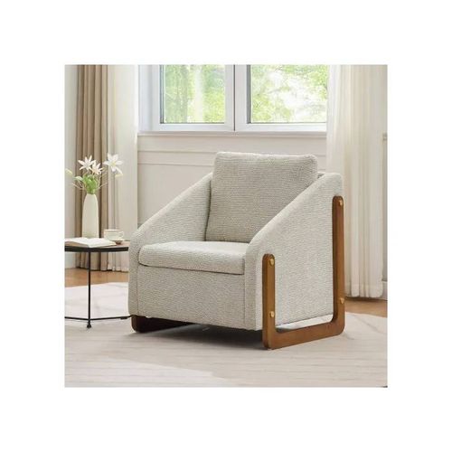 Fauteuil, Fauteuil D'appoint Pour Salon, Chaise Longue, Fauteuil Contemporain En Bois Avec Coussin De Dossier, Tissu Velours Beige