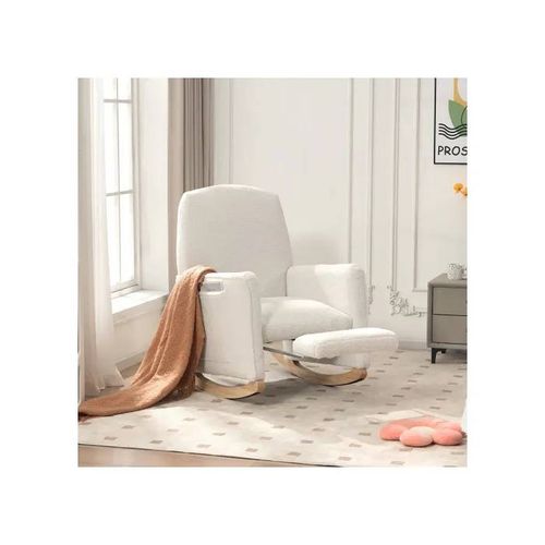 Fauteuil À Bascule Avec Repose-Pieds, Fauteuil Lounge, Fauteuil À Bascule D'intérieur Avec Dossier Haut, Tissu Blanc