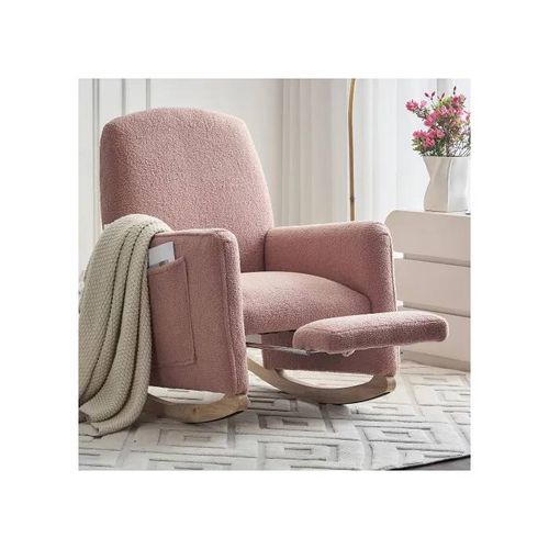 Fauteuil À Bascule Avec Repose-Pieds, Fauteuil À Bascule D'intérieur Avec Dossier Haut, Revêtu De Tissu Rose.