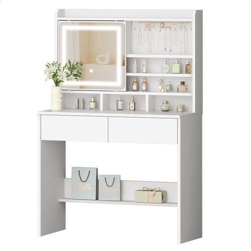 Alfordson Coiffeuse Avec Miroir, Coiffeuse Avec 2 Tiroirs Et Porte-Bijoux, Miroir Led À Intensité Variable Et 3 Modes De Couleur Réglables