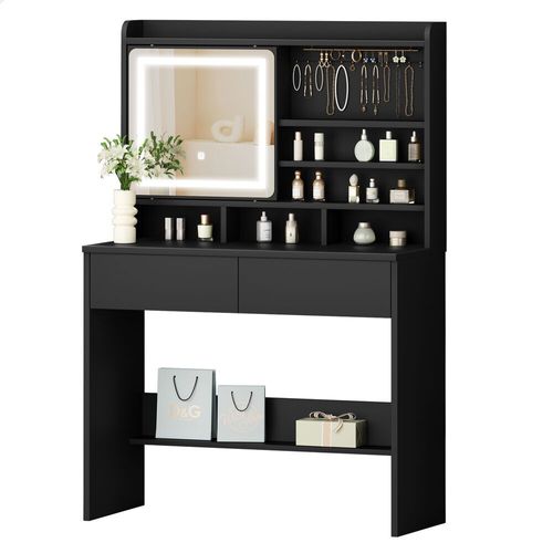 ALFORDSON Coiffeuse avec miroir, coiffeuse avec 2 tiroirs et porte-bijoux, miroir LED à intensité variable et 3 modes de couleur réglables