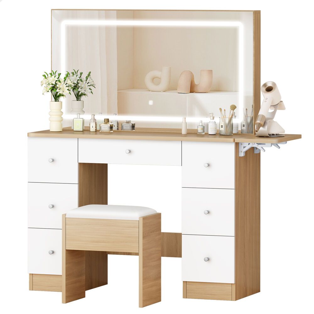 Coiffeuse Avec Grand Miroir Et éclairage LED, Prise De Courant