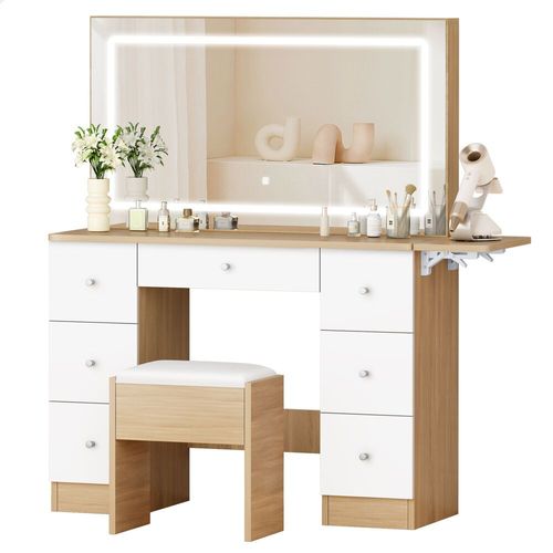 ALFORDSON Coiffeuse avec miroir, 7 tiroirs et prises de courant, ensemble de coiffeuse avec tabouret de rangement et plateau pliable, 3 modes d'éclairage et 10 niveaux d'intensité variable