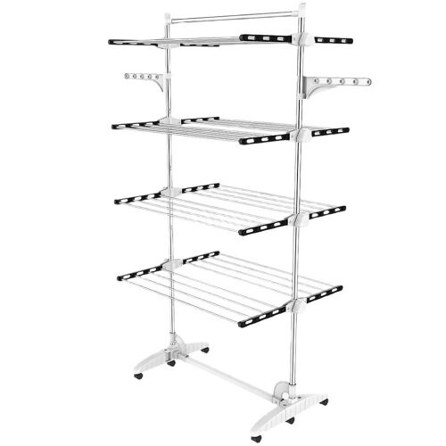 Todeco Etendoir à Linge, Etendage à Linge, 4 étagères, Noir/Blanc, avec ailes et barre supérieure, Matériau: Tubes en acier inoxydable