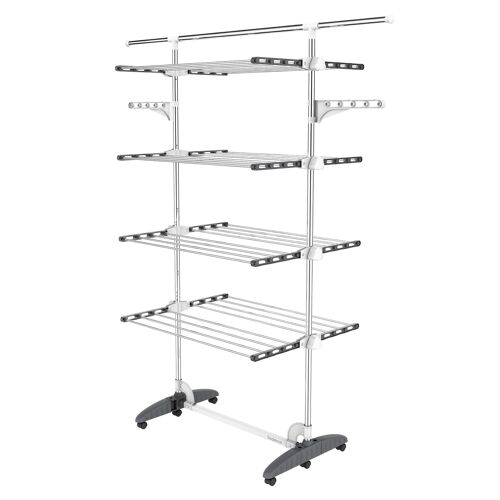 Todeco Séchoir à Linge Pliant à 4 Niveaux, Etendoir à Linge intérieur en Acier Inoxydable, avec Barre Supérieure extensible, Gris
