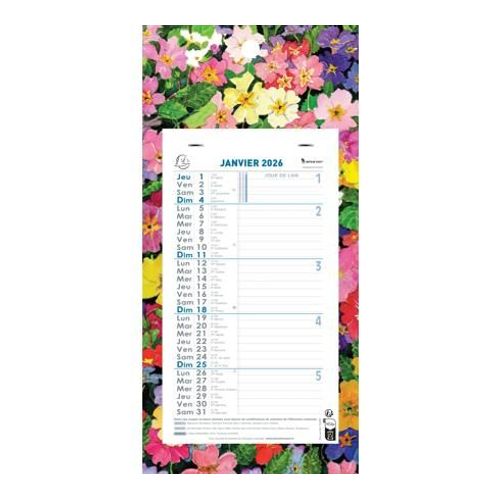 Calendrier Mensuel Fleurs Avec Feuillets Détachables 13 X 23 Cm Sur Support Plaque Imprimée 16 X 33 Cm 2026