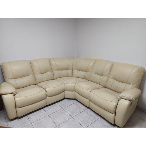 Canapé D'Angle En Cuir Beige + Fauteuil Électrique En Cuir Beige