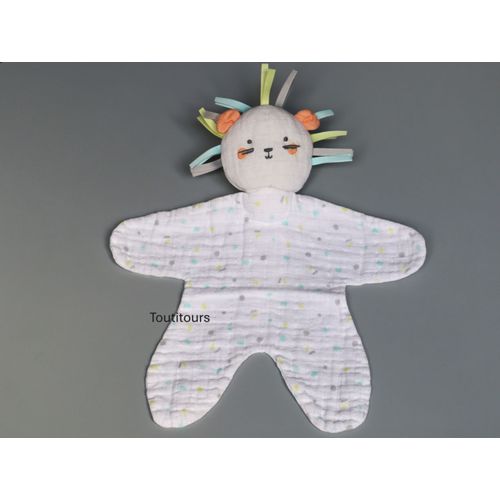 Doudou lion plat lange blanc rubans DPAM