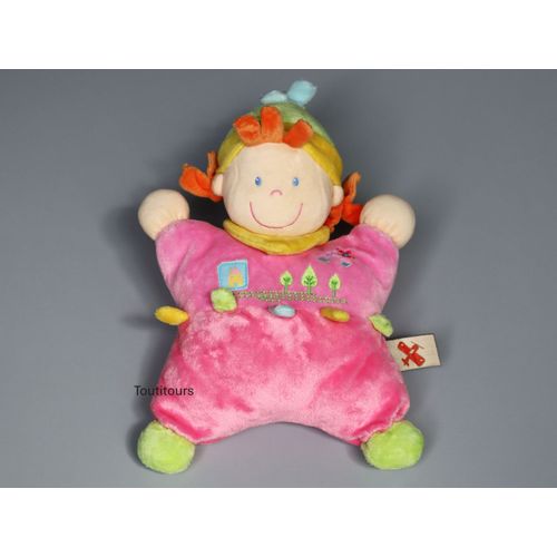 Doudou poupée semi plat rose jaune Nicotoy