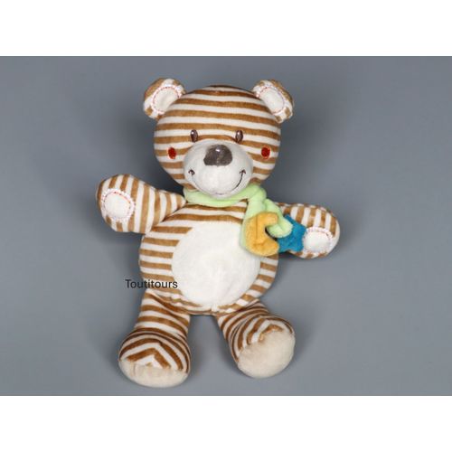 Doudou ours blanc rayé beige écharpe verte Nicotoy