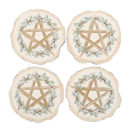 Lot De 4 Sous-Verres En Bois Décoratifs ¿ Symboles Du Solstice D'hiver Et Pentagramme ¿ Esprit Naturel Et Païen