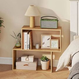 Bibliothèque Géométrique À 3 Niveaux Costway, 2 Compartiments Cubique, Étagère De Rangement Ouverte Pour Salon Bureau Étude,Naturel