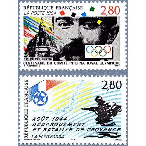 France 1994, Très Beaux Timbres Yvert 2889 Centenaire De La Création Du C.I.O., Comité International Olympique Et 2895 - Débarquement Et Bataille De Provence.