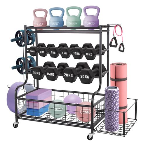 Leogreen Support D'halteres, Support De Rangement A Domicile Pour Kettlebell, Tapis De Yoga, Equipement D'entraînement, Yoga Rack Avec Crochets Et Roues