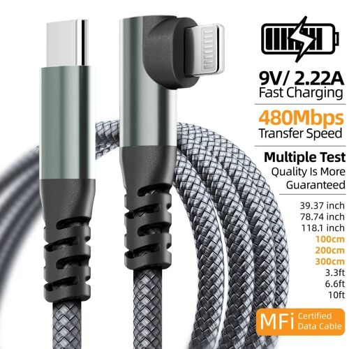 Câble De Charge Rapide Certifié Mfi 20w Pour Iphone En Forme De L 90 Degrés Type C Vers Lightning, Compatible Iphone 14 13 12 11 X 1pc Gray 1m