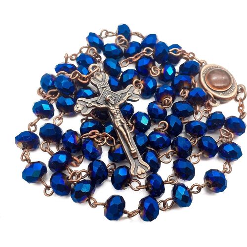 Store Perles De Cristal Bleu Profond Chapelet Collier Catholique Sol Sacré Médaille Croix Crucifix Antique Design Chapelet En Sac De Velours
