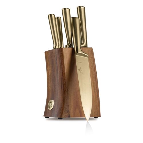 Berlinger Haus Ensemble De Couteaux De Cuisine (6 Pièces) Avec Support En Bois D'acacia, Acier Inoxydable, Manche Poli, Inclut Couteau Chef Et Santoku, Couleur Dorée