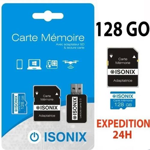 Carte Micro-SD 128 Go bleu classe 10 au Formate SDXC/SDHC 4K smartphone tablette caméra sport + Lecture Carte ISONIX