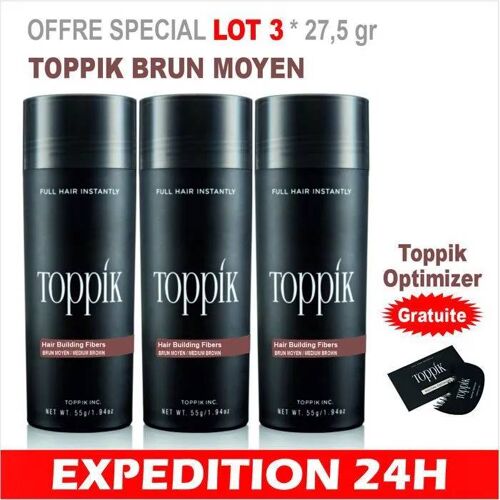 Lot 3*27,5 Gr Poudre Densifiante Toppik Soin Cheveux Chute Calvitie 27,5gr Kératine Brun Moyen - Optimiseur Gratuit 