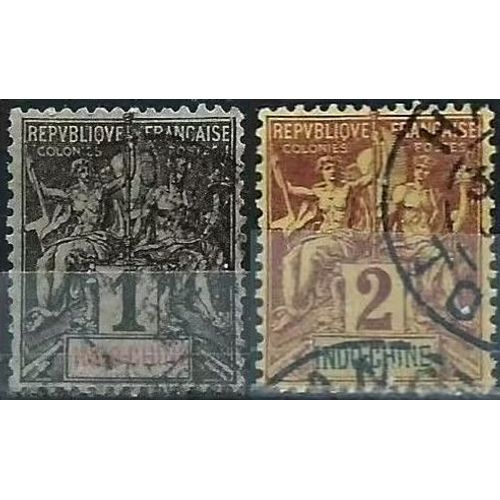 Indochine (Actuel Vietnam), Colonie Française 1892 - 96, Beaux Timbres Classiques Type Sage "Colonies", Yvert 3 Et 4, 1c. Noir Sur Azuré Et 2c. Lilas Brun Sur Paille, Oblitérés, Tbe.
