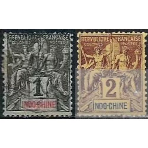 Indochine (Actuel Vietnam), Colonie Française 1892 - 96, Beaux Timbres Classiques Type Sage "Colonies", Yvert 3 Et 4, 1c. Noir Sur Azuré Et 2c. Lilas Brun Sur Paille, Oblitéré / Neuf*, Tbe.