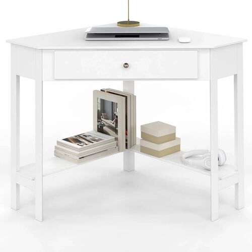 Bureau d'angle REMI blanc gain de place bureau informatique avec rangements et 1 tiroir