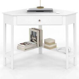 Bureau d'angle REMI blanc gain de place bureau informatique avec rangements et 1 tiroir