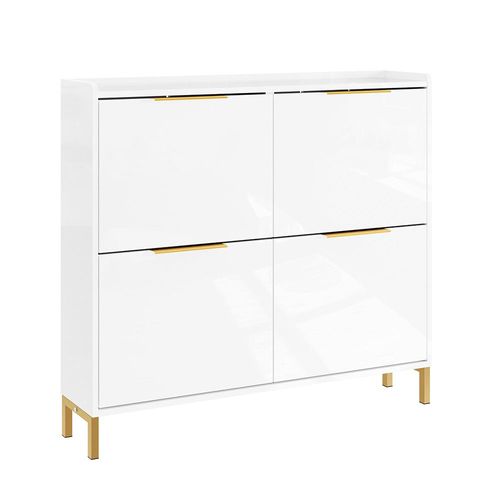 SoBuy FSR206-GW Slim Entrance Space-Saving Shoe Cabinet - Meuble à chaussures blanc avec 4 portes pliantes, profondeur 19 cm, design nordique avec finition polie et poignées dorées, 100x19x90cm