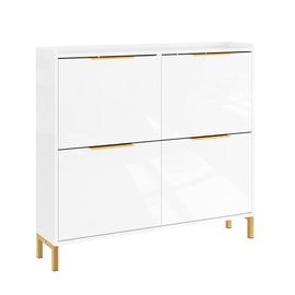SoBuy FSR206-GW Slim Entrance Space-Saving Shoe Cabinet - Meuble à chaussures blanc avec 4 portes pliantes, profondeur 19 cm, design nordique avec finition polie et poignées dorées, 100x19x90cm