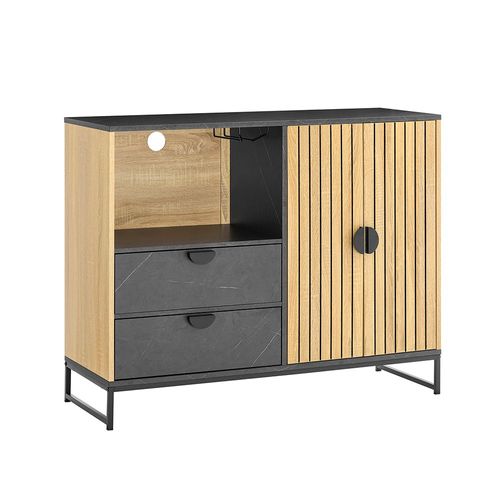 Sobuy Meuble De Rangement, Meuble Cuisine Buffet Salle À Manger Avec Niche Micro-Ondes Ø6 Cm & Porte-Verres Armoire À Étagère Réglable, Pieds Métal Hauts Vaisselier, Chêne/Noir, 107×40×85 Cm Fsb103-N