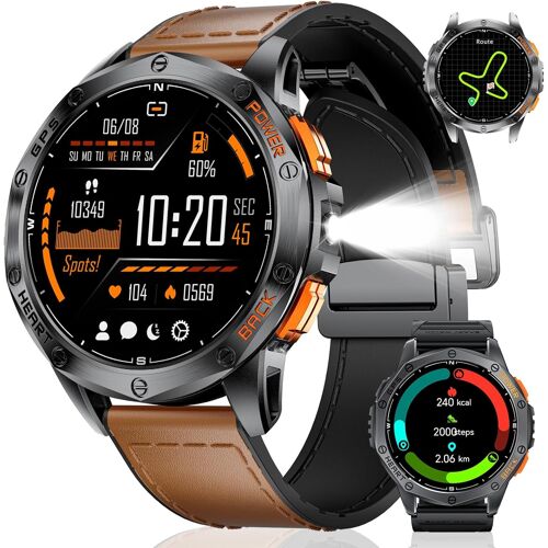 Ulteronixshop-GPS Montre Connectée Hommes, Appels Bluetooth, Lampe Torche LED, 1,43"" AMOLED Smartwatch avec 100+ Modes Sportifs, Boussole/Baromètre/Altimètre, pour iOS et Android, Cuir Marron