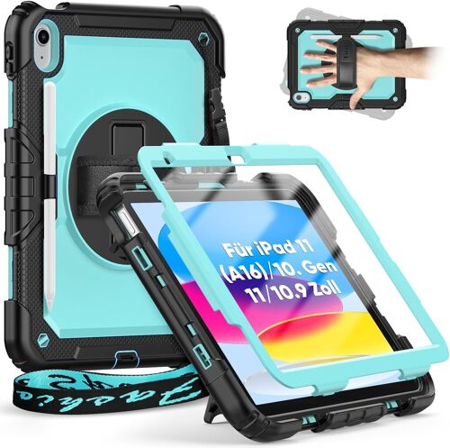 Coque pour iPad (A16) 11ème/10ème génération 2025/2022 11/10.9 Pouces,Résistant aux Chocs avec Film de Protection d'écran, pivotant à 360°dragonne, Support pour Stylo extérieur,Bleu Clair