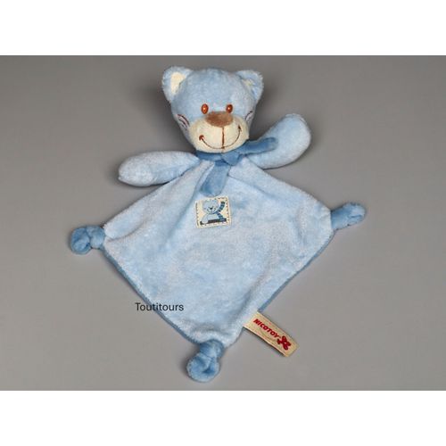 Doudou chat plat bleu écharpe Nicotoy