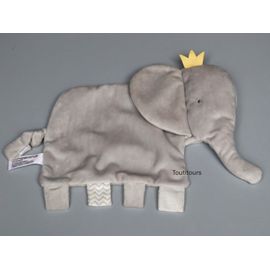 Doudou éléphant plat gris couronne jaune Tex Baby
