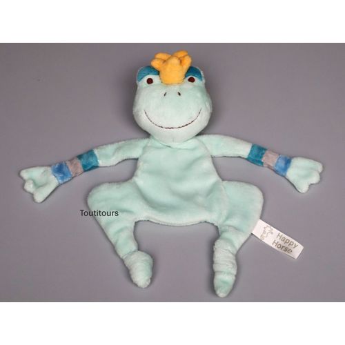 Doudou grenouille plat vert bleu couronne jaune Happy Horse