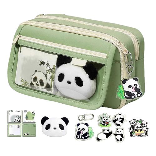 Trousse Panda Avec Broche, Bloc-Notes, Autocollant, Stylo, Sac, 22 X 7,5 X 13 Cm, Vert
