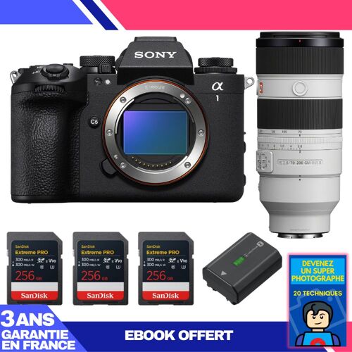Boitier Sony alpha 1 II + FE 70-200mm f/2.8 GM OSS II + 3 SanDisk 256GB Extreme PRO UHS-II SDXC + Sony NP-FZ100 + Ebook 'Devenez Un Super Photographe'